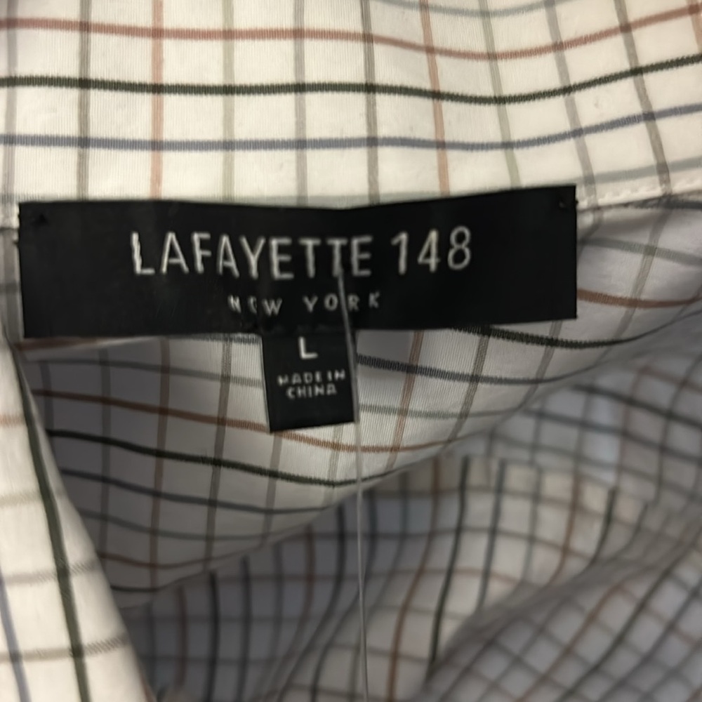 Lafayette 148 New York White Button Up Long Sleeve Dress Shirt Large Grid Print - Picture 5 of 13